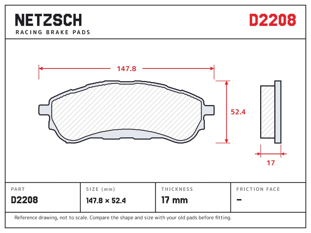 NETZSCH D2208 brake pad drawing, 17 mm thick