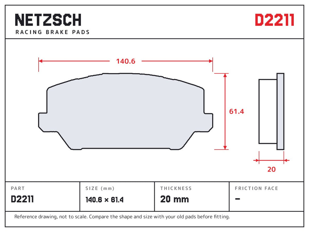 NETZSCH D2211 brake pad drawing, 20 mm thick
