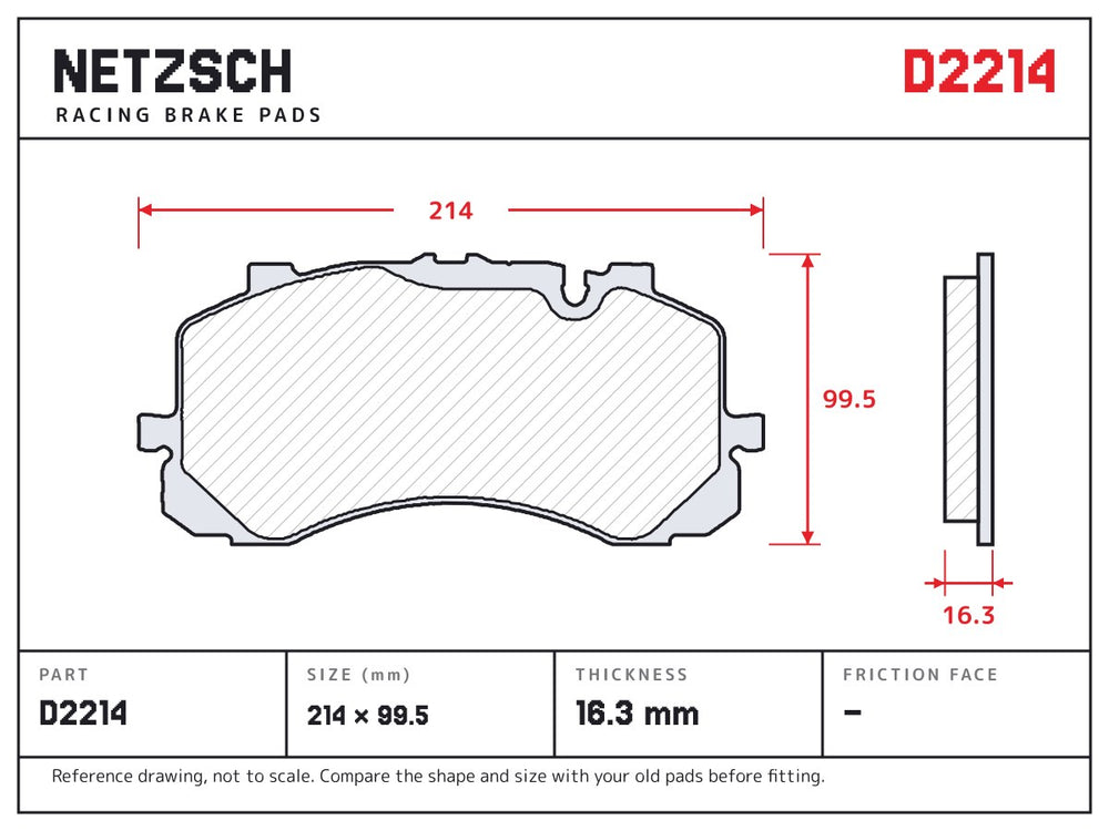 NETZSCH D2214 brake pad drawing, 16.3 mm thick