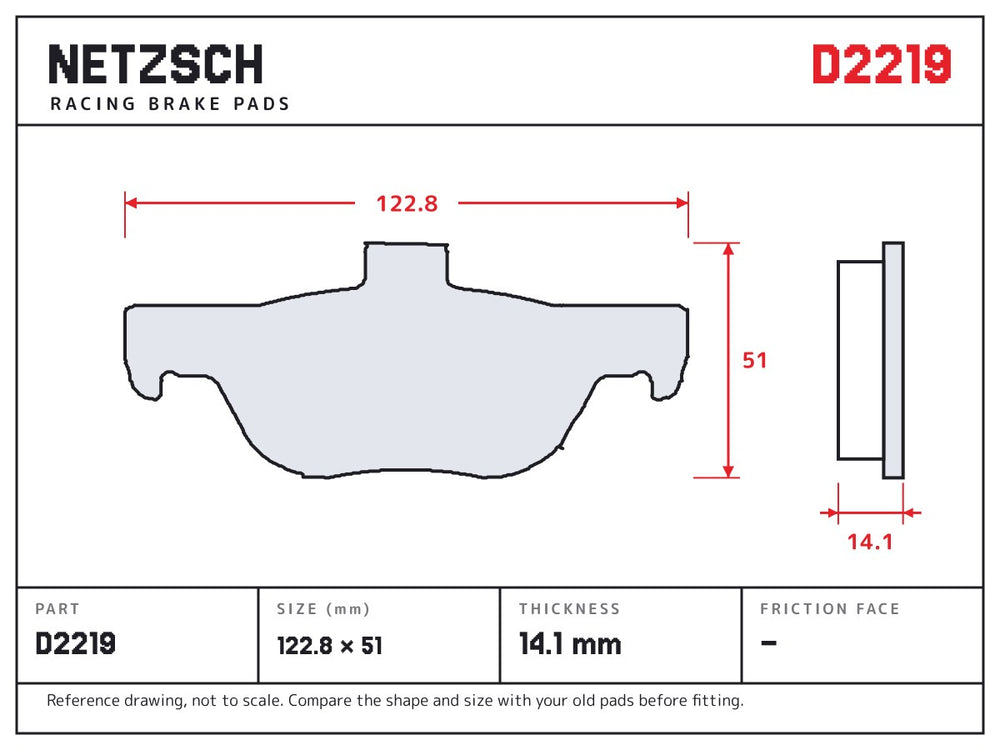 NETZSCH D2219 brake pad drawing, 14.1 mm thick