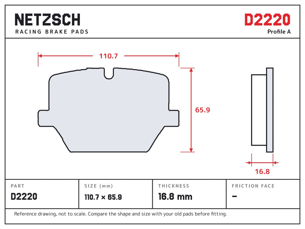 NETZSCH D2220 brake pad drawing, 16.8 mm thick