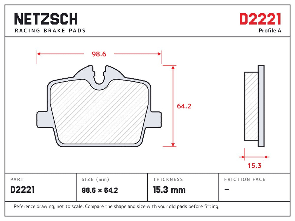 NETZSCH D2221 brake pad drawing, 15.3 mm thick