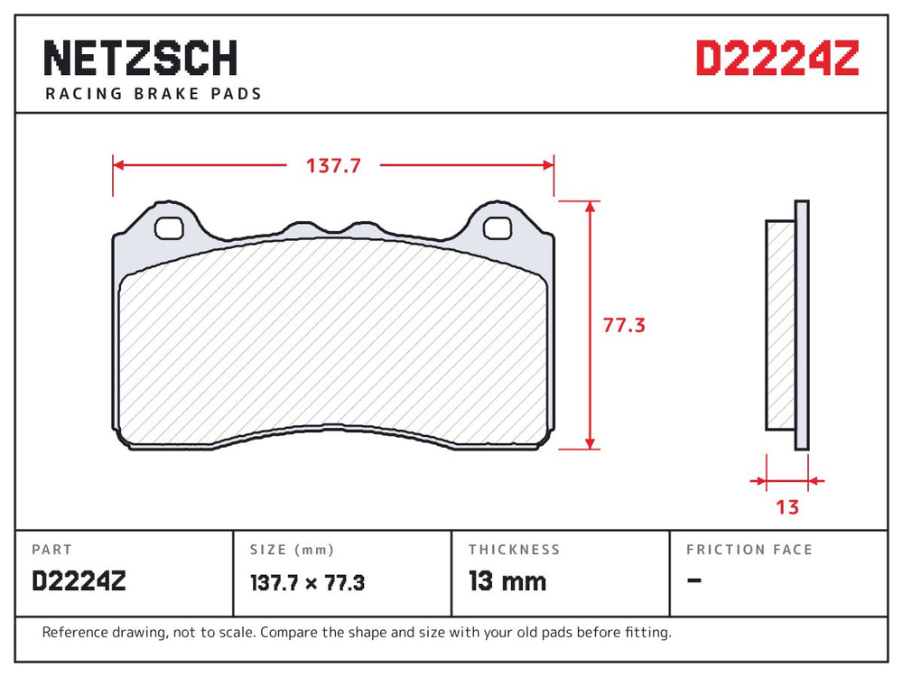 NETZSCH D2224Z brake pad drawing, 13 mm thick