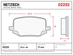 NETZSCH D2232 brake pad drawing, 17 mm thick