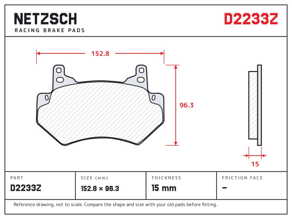 NETZSCH D2233Z brake pad drawing, 15 mm thick