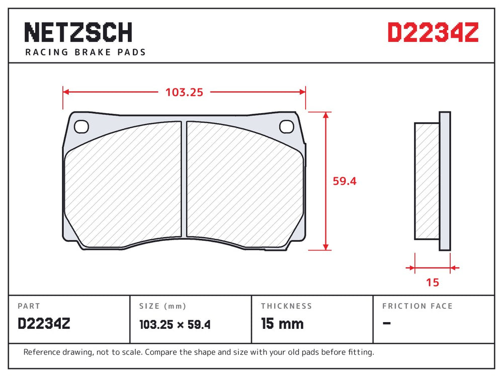 NETZSCH D2234Z brake pad drawing, 15 mm thick