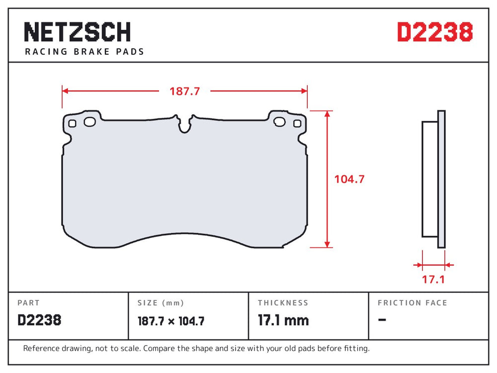 NETZSCH D2238 brake pad drawing, 17.1 mm thick