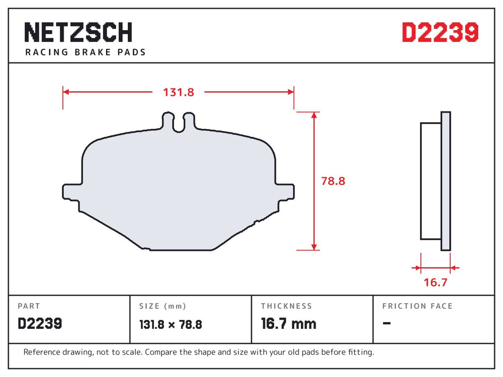NETZSCH D2239 brake pad drawing, 16.7 mm thick