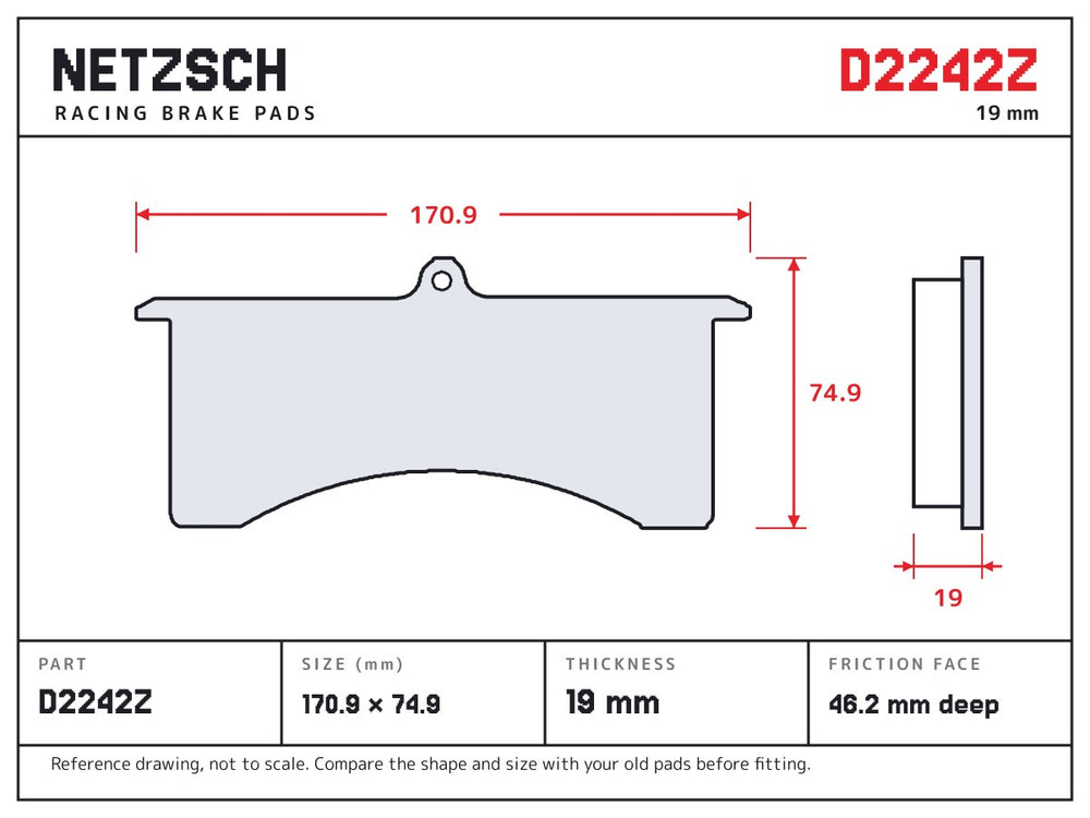 NETZSCH D2242Z brake pad drawing, 19 mm thick
