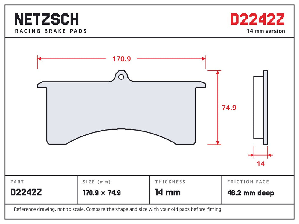 NETZSCH D2242Z brake pad drawing, 14 mm thick
