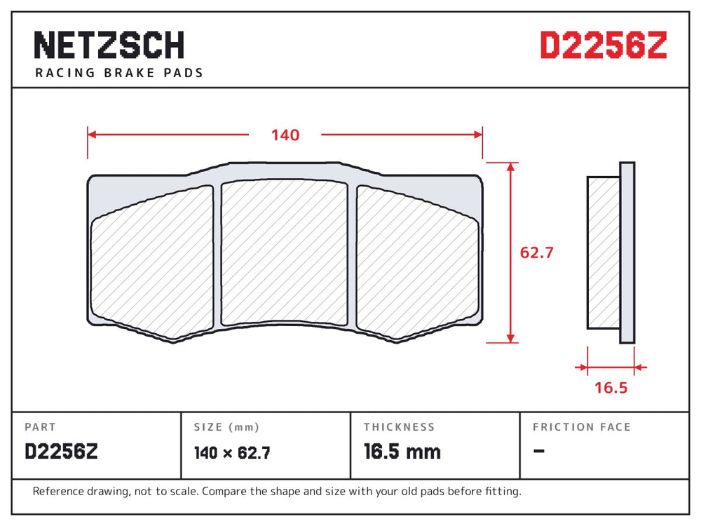 NETZSCH D2256Z brake pad drawing, 16.5 mm thick