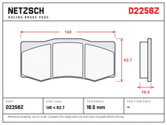 NETZSCH D2256Z brake pad drawing, 16.5 mm thick