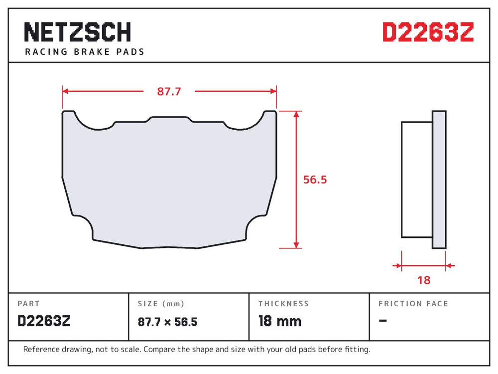 NETZSCH D2263Z brake pad drawing, 18 mm thick