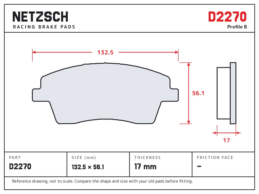 NETZSCH D2270 brake pad drawing, 17 mm thick