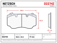 NETZSCH D2274Z brake pad drawing, 17 mm thick