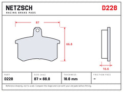 NETZSCH D228 brake pad drawing, 16.6 mm thick