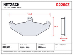 NETZSCH D2290Z brake pad drawing, 14.8 mm thick