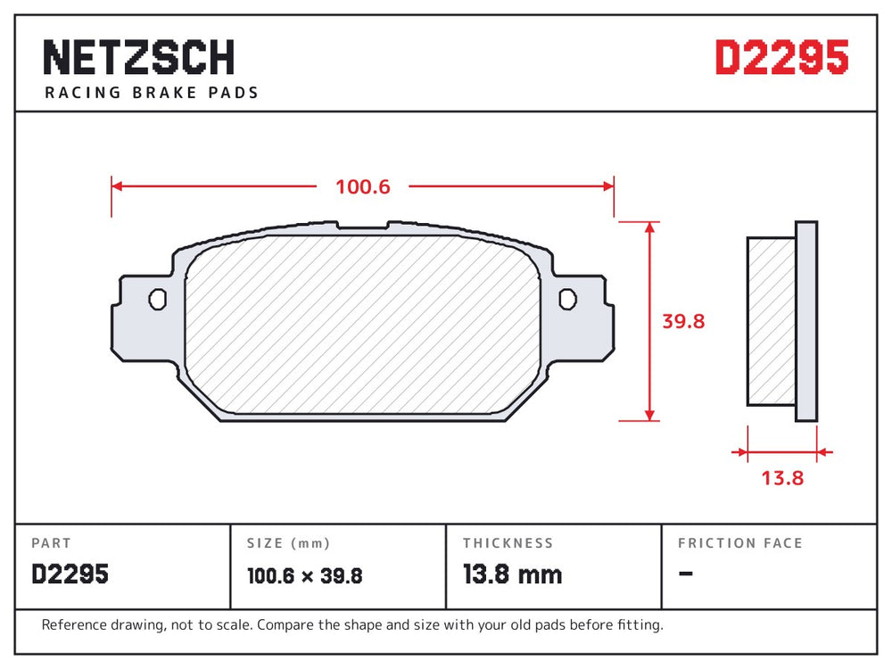 NETZSCH D2295 brake pad drawing, 13.8 mm thick
