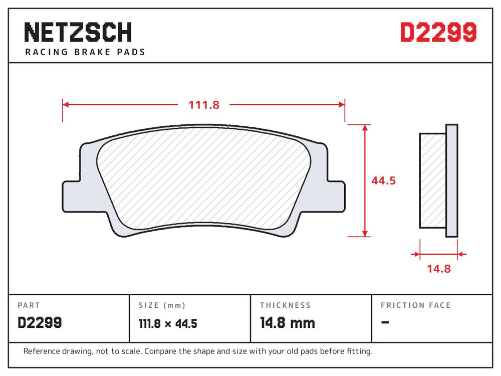 NETZSCH D2299 brake pad drawing, 14.8 mm thick