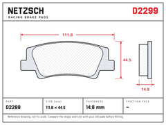 NETZSCH D2299 brake pad drawing, 14.8 mm thick