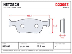 NETZSCH D2309Z brake pad drawing, 15.2 mm thick