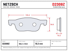 NETZSCH D2309Z brake pad drawing, 15.2 mm thick