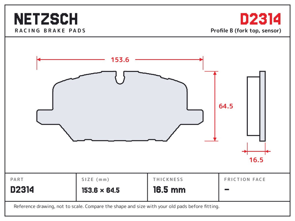 NETZSCH D2314 brake pad drawing, 16.5 mm thick