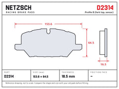 NETZSCH D2314 brake pad drawing, 16.5 mm thick