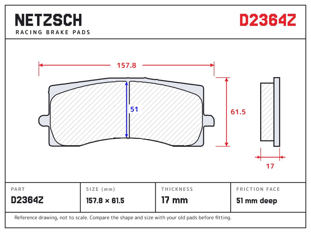 NETZSCH D2364Z brake pad drawing, 17 mm thick