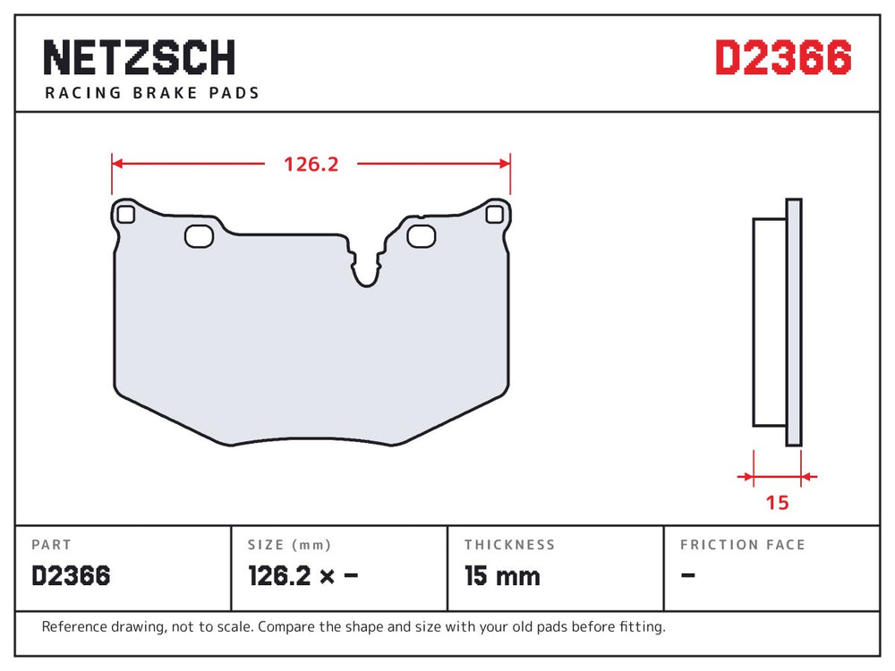 NETZSCH D2366 brake pad drawing, 15 mm thick