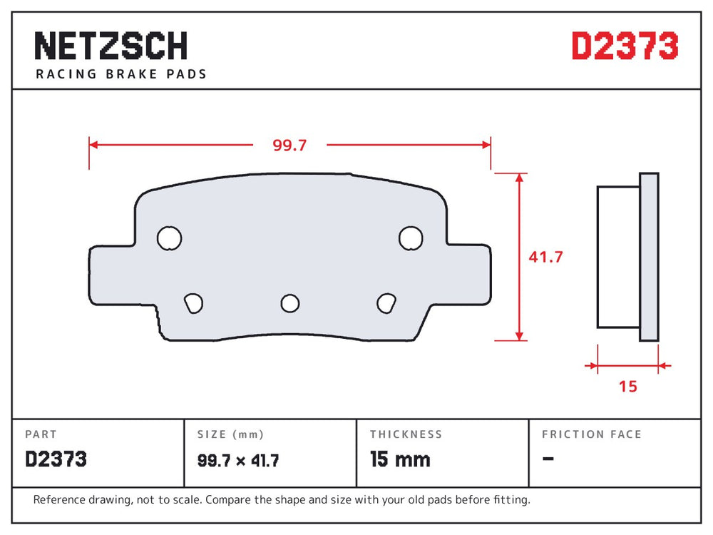 NETZSCH D2373 brake pad drawing, 15 mm thick
