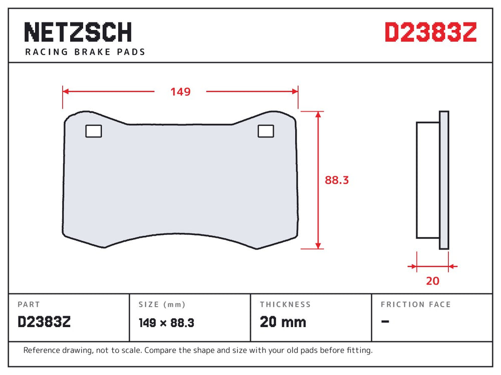 NETZSCH D2383Z brake pad drawing, 20 mm thick