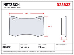 NETZSCH D2383Z brake pad drawing, 20 mm thick