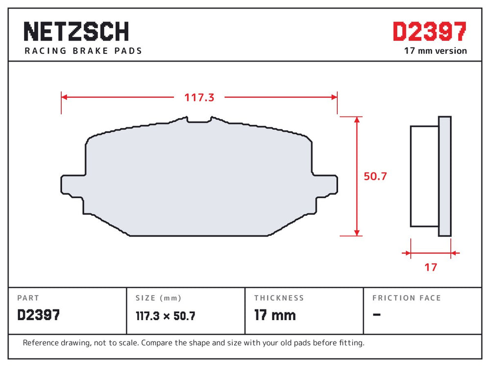 NETZSCH D2397 brake pad drawing, 17 mm thick