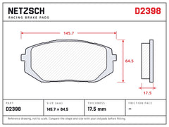 NETZSCH D2398 brake pad drawing, 17.5 mm thick