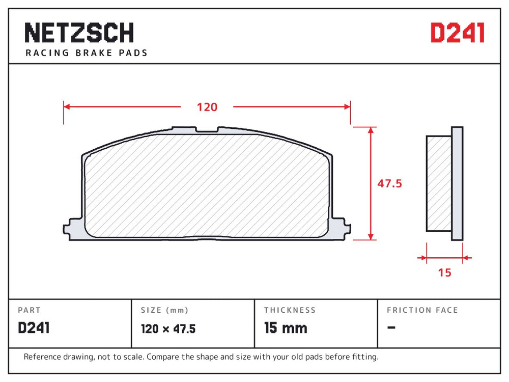 NETZSCH D241 brake pad drawing, 15 mm thick