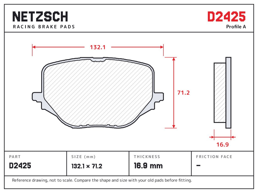 NETZSCH D2425 brake pad drawing, 16.9 mm thick