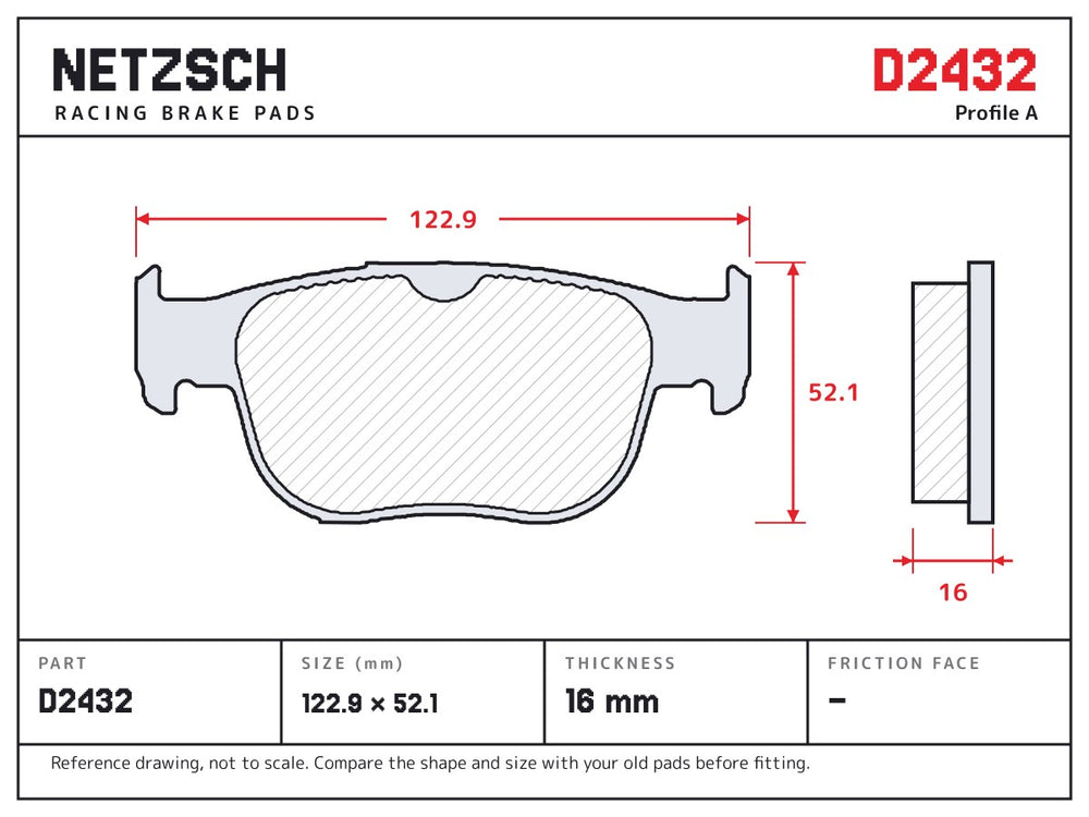 NETZSCH D2432 brake pad drawing, 16 mm thick