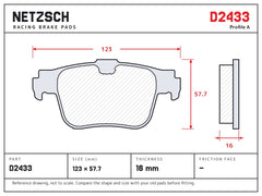 NETZSCH D2433 brake pad drawing, 16 mm thick
