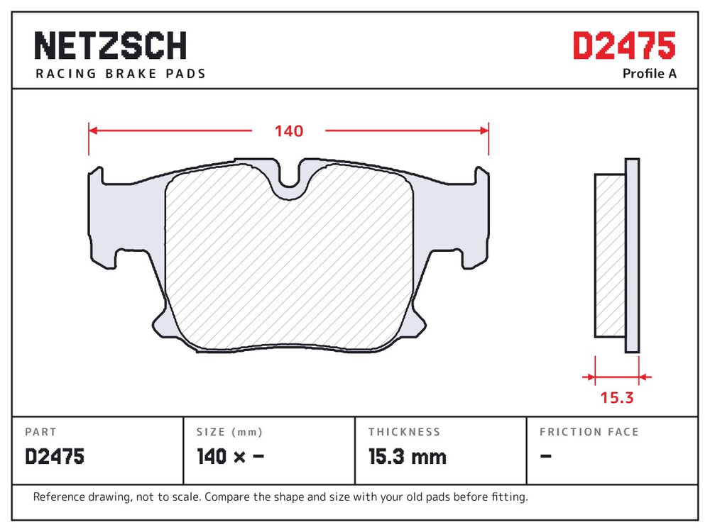 NETZSCH D2475 brake pad drawing, 15.3 mm thick
