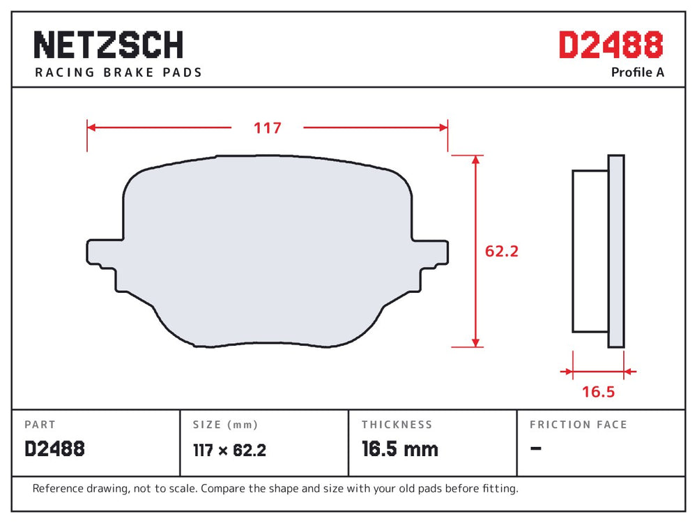 NETZSCH D2488 brake pad drawing, 16.5 mm thick