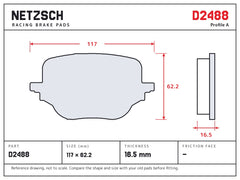 NETZSCH D2488 brake pad drawing, 16.5 mm thick