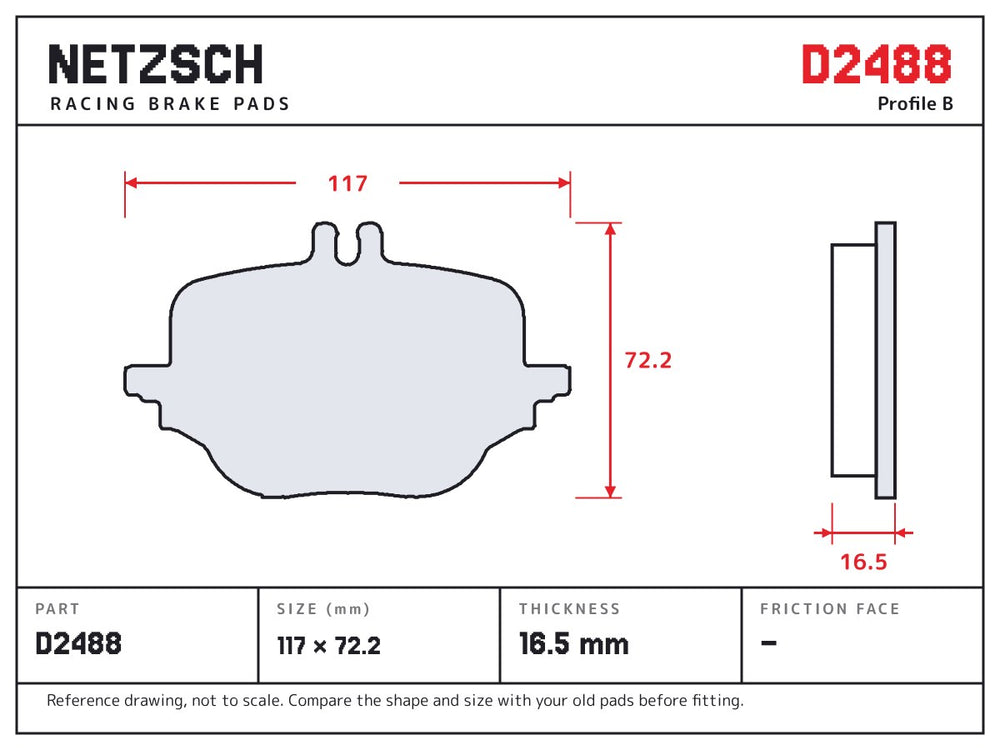 NETZSCH D2488 brake pad drawing, 16.5 mm thick