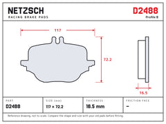 NETZSCH D2488 brake pad drawing, 16.5 mm thick