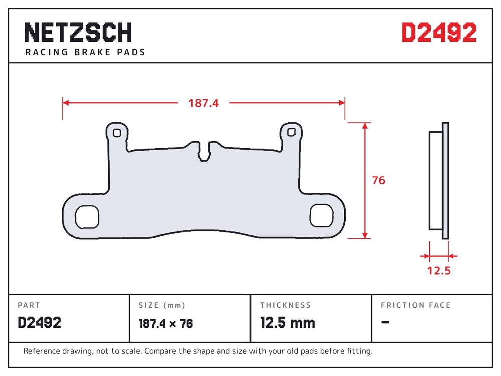NETZSCH D2492 brake pad drawing, 12.5 mm thick