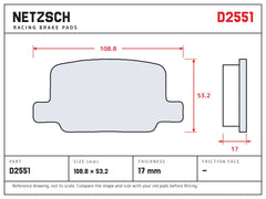 NETZSCH D2551 brake pad drawing, 17 mm thick