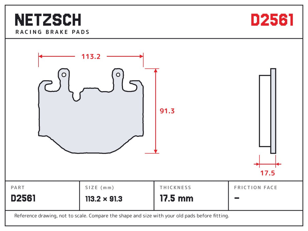 NETZSCH D2561 brake pad drawing, 17.5 mm thick