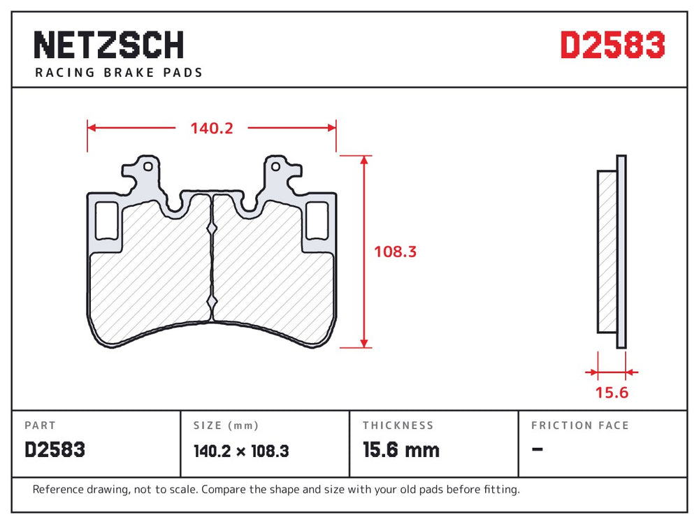 NETZSCH D2583 brake pad drawing, 15.6 mm thick