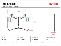 NETZSCH D2583 brake pad drawing, 15.6 mm thick