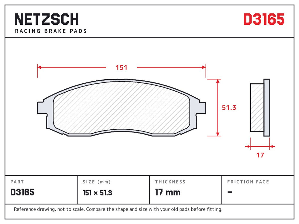 NETZSCH D3165 brake pad drawing, 17 mm thick